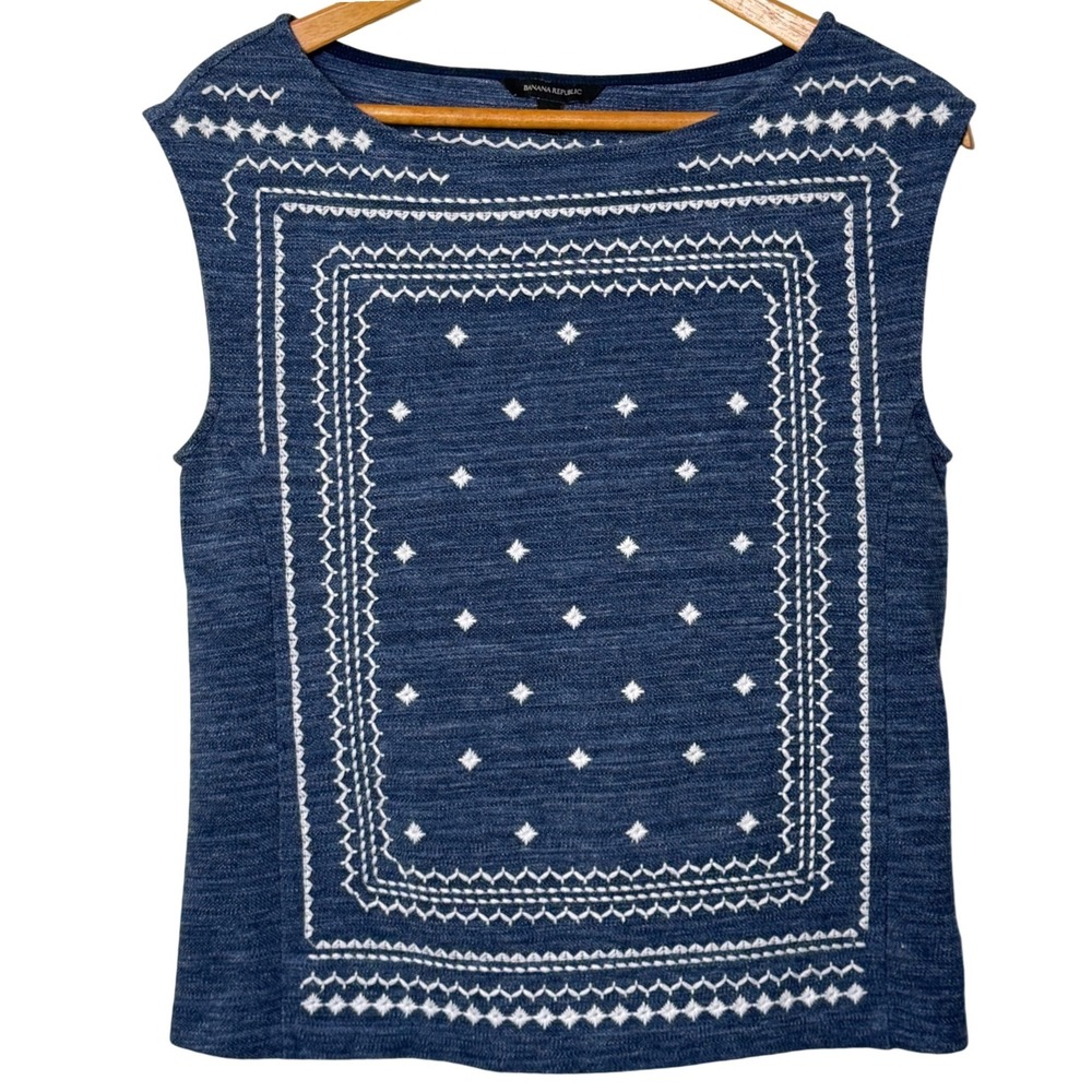 Banana Republic Sleeveless Top Blue Embroidered Bandana Boho Coastal Shell Small